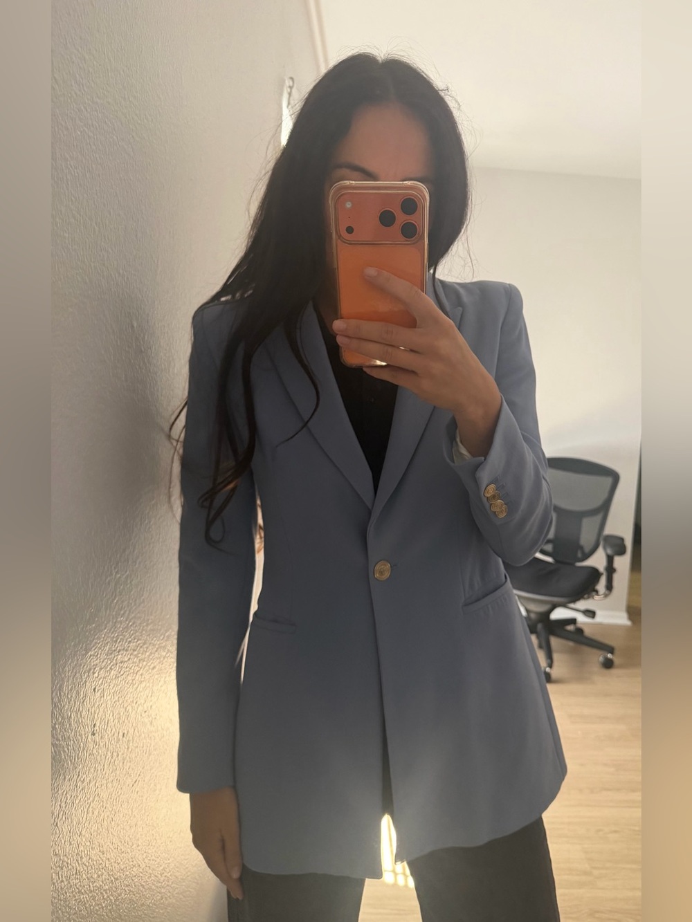 Zara Powder Blue Single-Button Blazer with Gold Buttons